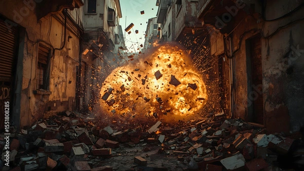 Obraz Powerful Explosion in Urban Alleyway with Bricks and Debris Flying, realistic photography of cracked walls and rubble mid-air under golden hour light