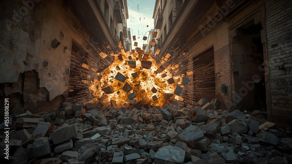 Obraz Powerful Explosion in Urban Alleyway with Bricks and Debris Flying, realistic photography of cracked walls and rubble mid-air under golden hour light