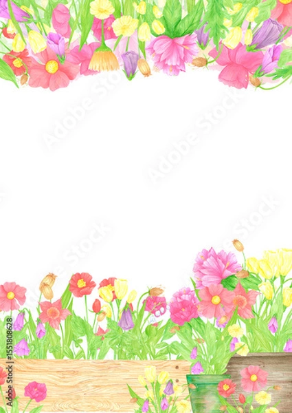Fototapeta Hand drawn watercolor wildflowers and leaves in pots and boxes postcard. Flower of the field isolated on white background. Can be used for postcard, poster, scrapbook and other printed products.