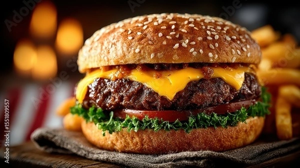 Fototapeta Juicy cheeseburger with crispy fries served on a wooden table in a warm setting