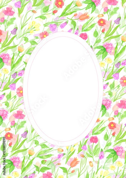 Fototapeta Hand drawn watercolor wildflowers and leaves postcard wreath frame border. Flower of the field isolated on white background. Can be used for postcard, invitation, scrapbook and other printed products.