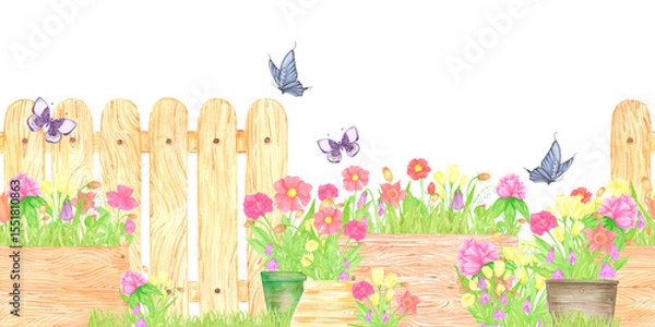 Fototapeta Hand drawn watercolor blooming flowers in pots and boxes. Palisade composition seamless border isolated on white background. Can be used for textile, postcard, scrapbook and other printed products.