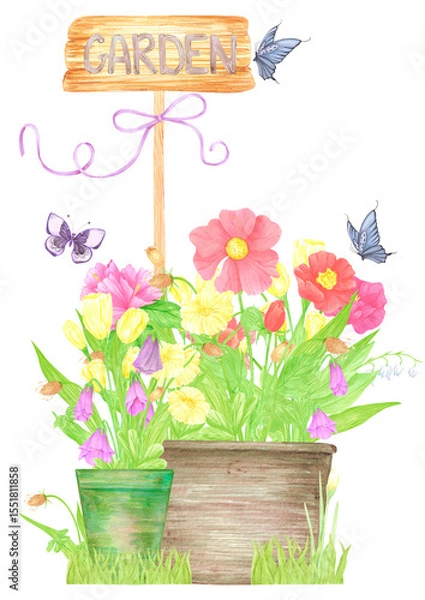Fototapeta Hand drawn watercolor wildflowers and leaves in pots. Palisade composition isolated on white background. Can be used for postcard, label, scrapbook and other printed products.