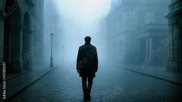 Fototapeta Man wearing a coat and cap is walking away from the viewer down a foggy street lined with old buildings and lampposts in victorian london