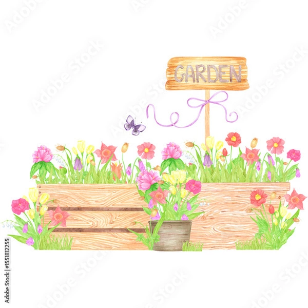 Fototapeta Hand drawn watercolor wildflowers and leaves in pots and boxes. Palisade composition isolated on white background. Can be used for postcard, label, scrapbook and other printed products.