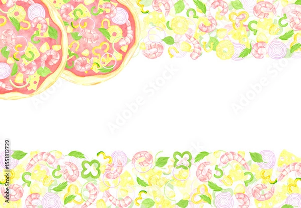 Fototapeta Hand drawn watercolor pizza frame border. Illustration of cut prawn pineapple basil isolated on white background. Can be used for label, card, scrapbook and other printed products.