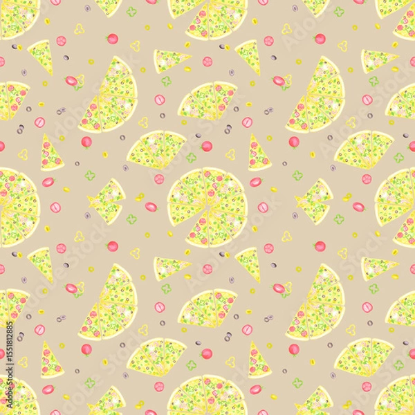 Fototapeta Hand drawn watercolor pizza and vegetables seamless pattern. Illustration of cut pieces isolated on grey background. Can be used for textile, fabric, scrapbook and other printed products.