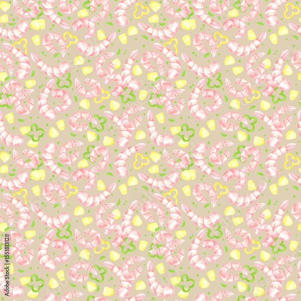 Fototapeta Hand drawn watercolor prawn and vegetables seamless pattern. Illustration isolated on grey background. Can be used for textile, fabric, scrapbook and other printed products.