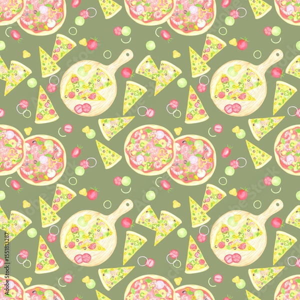 Fototapeta Hand drawn watercolor cheese and tomato pizza slices on the wooden cutting board seamless pattern isolated on grey background. Can be used for textile, fabric, scrapbook and other printed products.