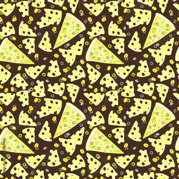 Fototapeta Hand drawn watercolor cheese olives and pizza slices on the wooden cutting board seamless pattern isolated on dark background. Can be used for textile, fabric, scrapbook and other printed products.
