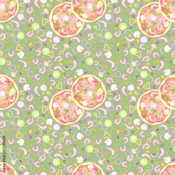 Fototapeta Hand drawn watercolor tomato pizza and prawns seamless pattern isolated on grey background. Can be used for textile, fabric, scrapbook and other printed products.