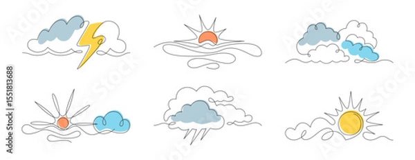 Fototapeta Vector doodle art continuous one line sun, clouds, thundercloud and lightning, rain. Linear summer symbols silhouette. Single thin outline weather icons or nature elements isolated on white background
