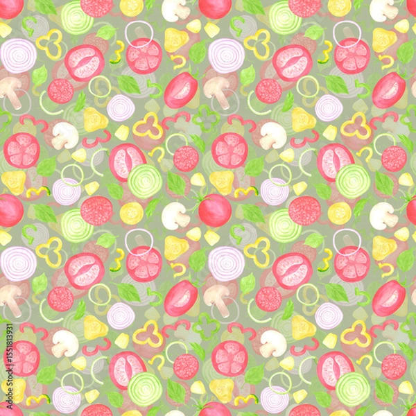 Fototapeta Hand drawn watercolor vegetables seamless pattern. Illustration of cut tomatoes pepper onion isolated on green background. Can be used for textile, fabric, scrapbook and other printed products.