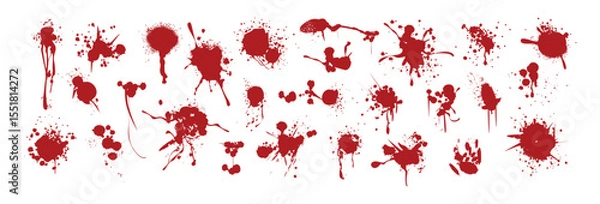 Fototapeta Spray paint ink drips, red stains, liquid splatters or blots. Blood splashes, graffiti speckles, spatters or inkblot spots for halloween design. Paintbrush blobs, splotches with horror crime effects