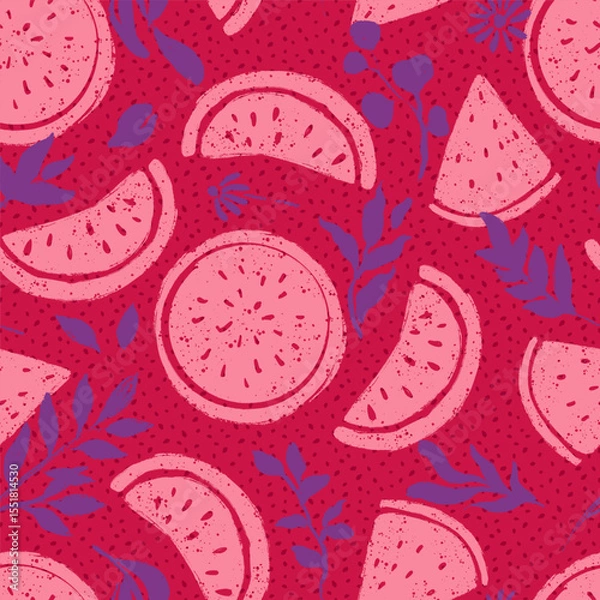 Fototapeta Watermelon Fruits Slices and Botanicals Vector Seamless Pattern