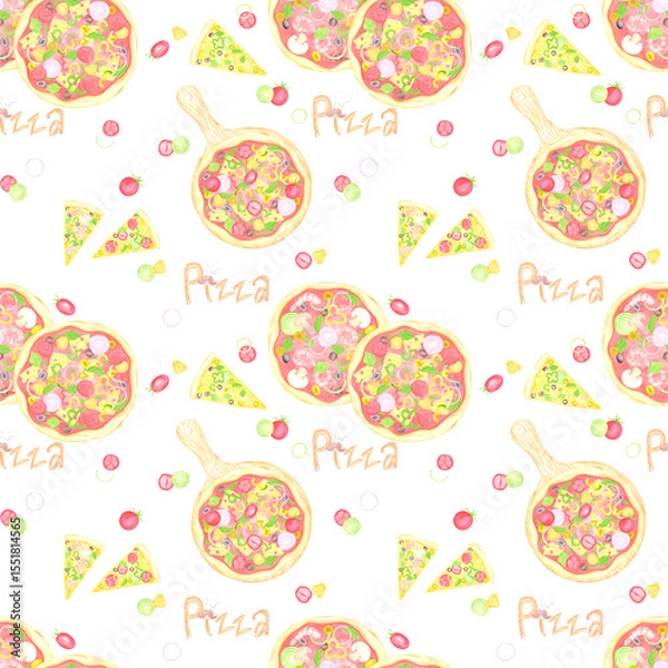Fototapeta Hand drawn watercolor tomato pizza with vegetables and sign seamless pattern isolated on white background. Can be used for textile, fabric, scrapbook and other printed products.