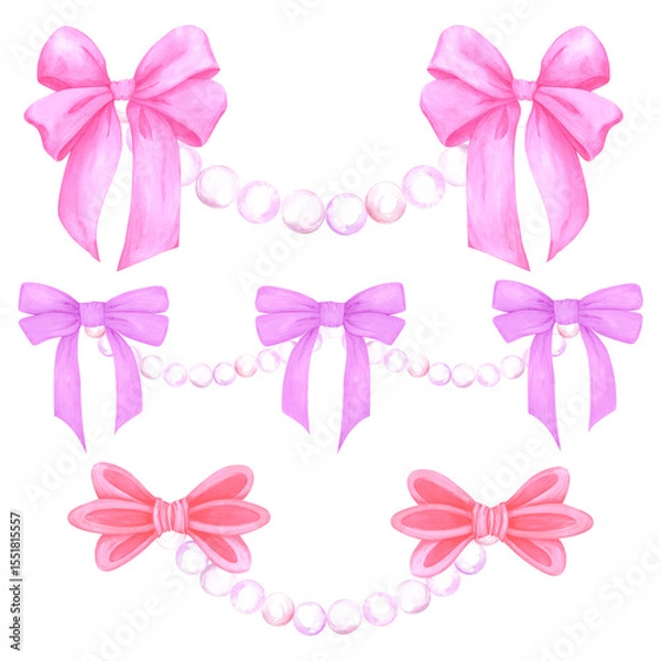 Fototapeta Hand drawn watercolor pearls stings with bows set isolated on white background. Can be used for cards, scrapbook, album and other printed products.