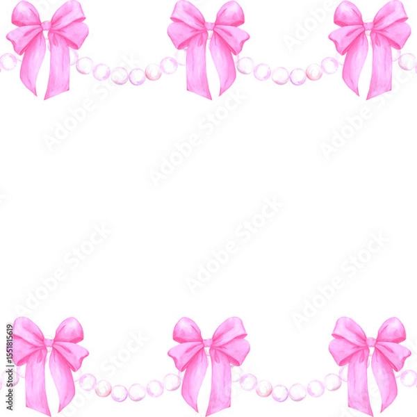 Fototapeta Hand drawn watercolor pearls stings with pink bows frame border isolated on white background. Can be used for cards, scrapbook album and other printed products.