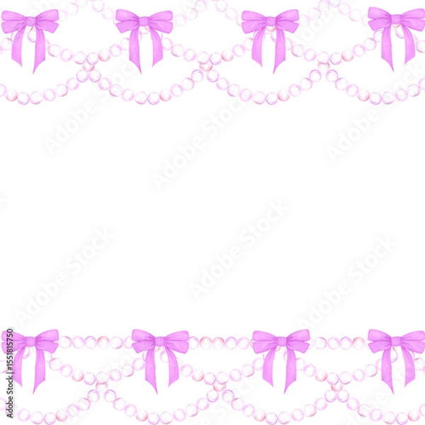 Fototapeta Hand drawn watercolor pearls stings with purple bows frame border isolated on white background. Can be used for cards, scrapbook album and other printed products.