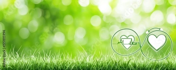 Obraz Green Nature Background with Heart Health Symbols and Grass