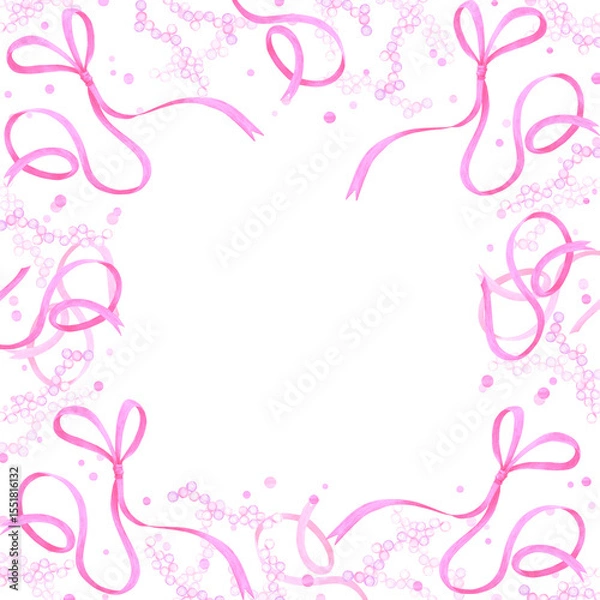 Fototapeta Hand drawn watercolor pearls stings with pink bows and confetti frame border isolated on white background. Can be used for cards, scrapbook album and other printed products.