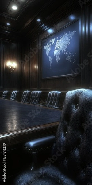 Obraz Elegant Boardroom with Dark Wood and World Map Artwork