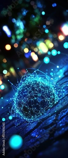 Obraz Blue Digital Sphere with Glowing Network Connections at Night