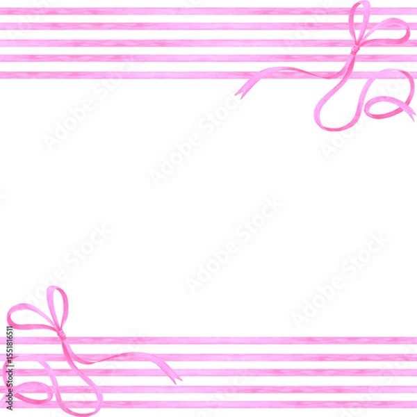 Fototapeta Hand drawn watercolor pink stripes with bows frame border isolated on white background. Can be used for postcards, scrapbook, album and other printed products.