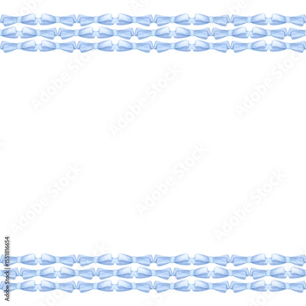 Fototapeta Hand drawn watercolor blue bows line frame border isolated on white background. Can be used for postcards, scrapbook, album and other printed products.