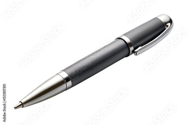 Obraz Elegant dark gray ballpoint pen with silver accents isolated on transparent background
