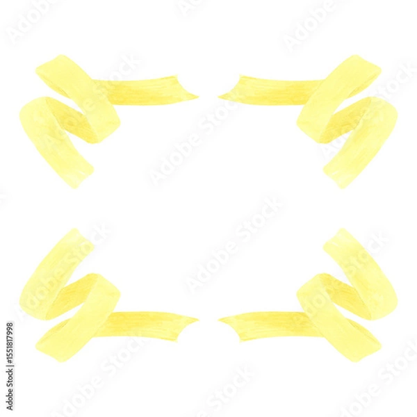 Fototapeta Yellow wavy ribbon frame border, hand drawn watercolor illustration isolated on white background. Template for greeting card or invitation, postcards and other printed products.