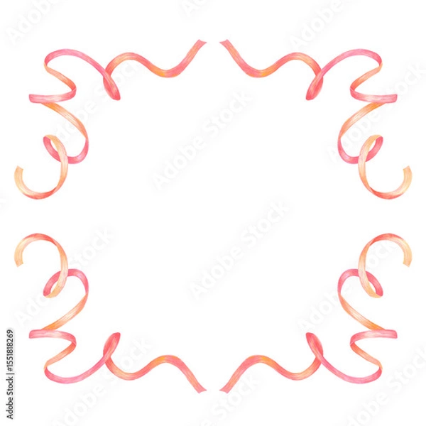 Fototapeta Red wavy ribbon frame border, hand drawn watercolor illustration isolated on white background. Template for greeting card or invitation, postcards and other printed products.