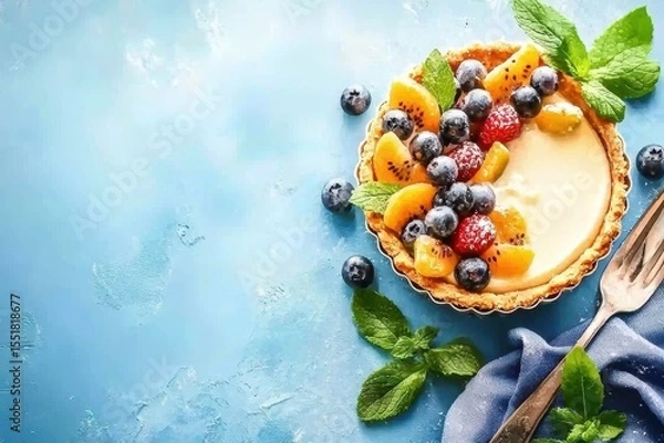 Obraz Fresh Fruit Tart with Berries and Mint on Blue Background