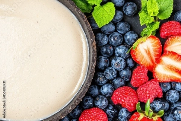 Obraz Fresh Berries with Creamy Dip in Rustic Bowl on Dark Background