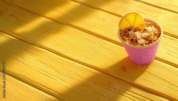 Obraz Vibrant Granola Snack in Pink Cup on Sunshine Yellow Table