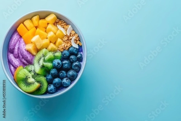 Obraz Vibrant Smoothie Bowl with Fresh Fruits and Granola on Blue Table