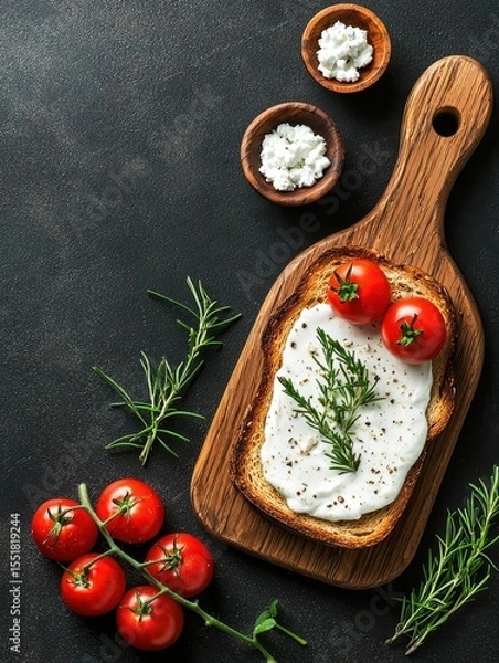 Obraz Delicious Healthy Toast with Cheese, Tomatoes and Herbs on Cutting Board