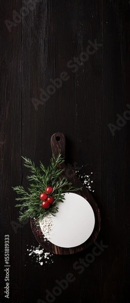 Obraz Elegant Wooden Board with Holiday Greens and Red Berries Top View