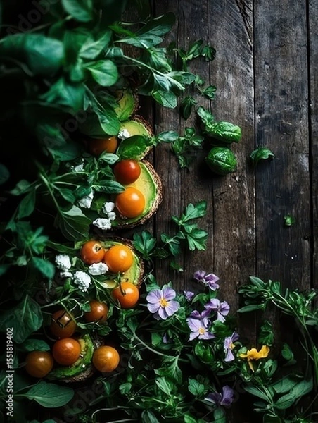 Obraz Fresh Avocado Toast with Colorful Vegetables on Wooden Table