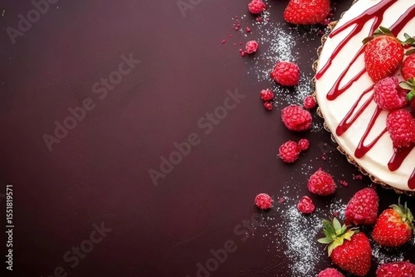 Obraz Delicious dessert with fresh strawberries and raspberry sauce drizzle