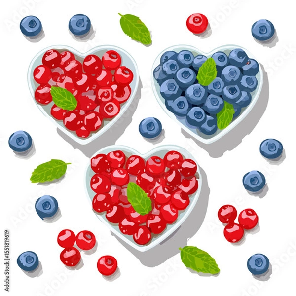 Obraz Heart-shaped bowls with cherries and blueberries, isolated on black