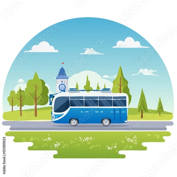 Obraz Blue Bus Tour Illustration Featuring a Bus Ride in a Serene Landscape