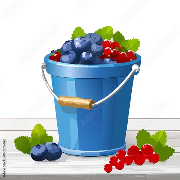 Obraz Bucket of Berries: Blueberries and Redcurrants Vector Illustration