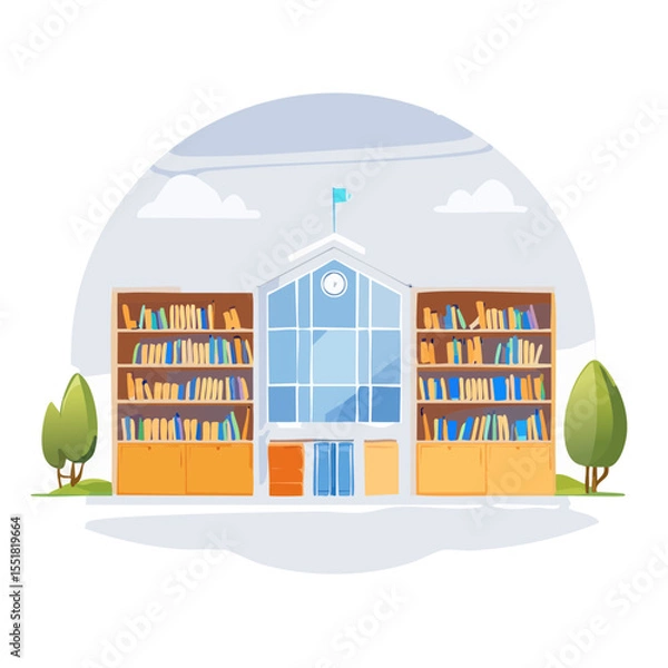 Obraz Cartoon Library Building with Bookshelves and Trees