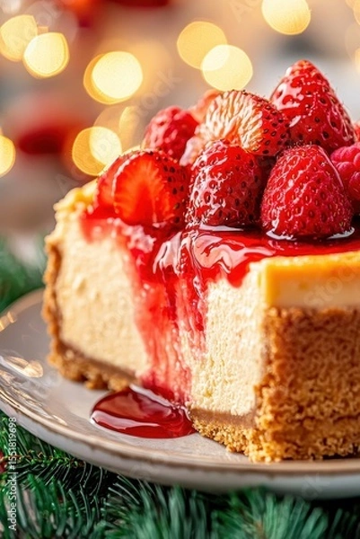 Obraz Delicious Strawberry Cheesecake with Red Sauce and Bokeh Lights
