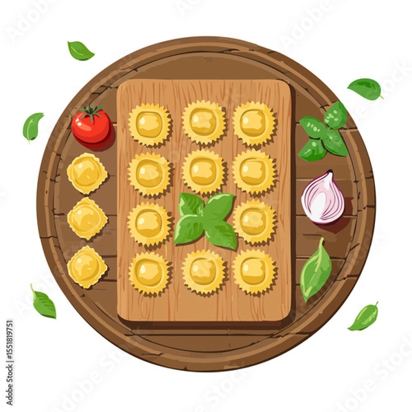 Obraz Ravioli pasta with tomato, onion and basil on the wooden board