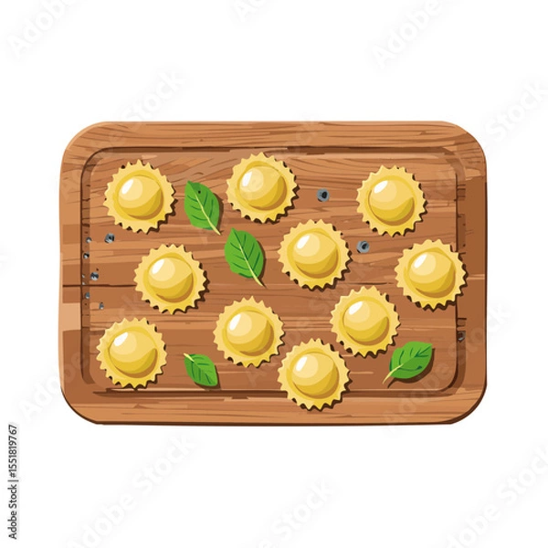 Obraz Ravioli and Basil on Wooden Board Illustration