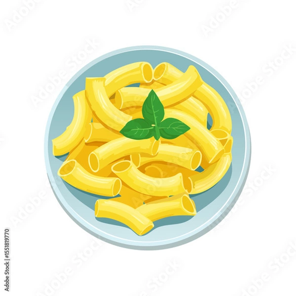 Obraz Pasta dish illustration: Rigatoni on a plate with basil garnish.