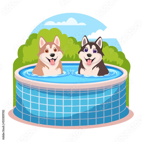 Obraz Two Happy Huskies Cooling off in a Backyard Pool on a Summer Day