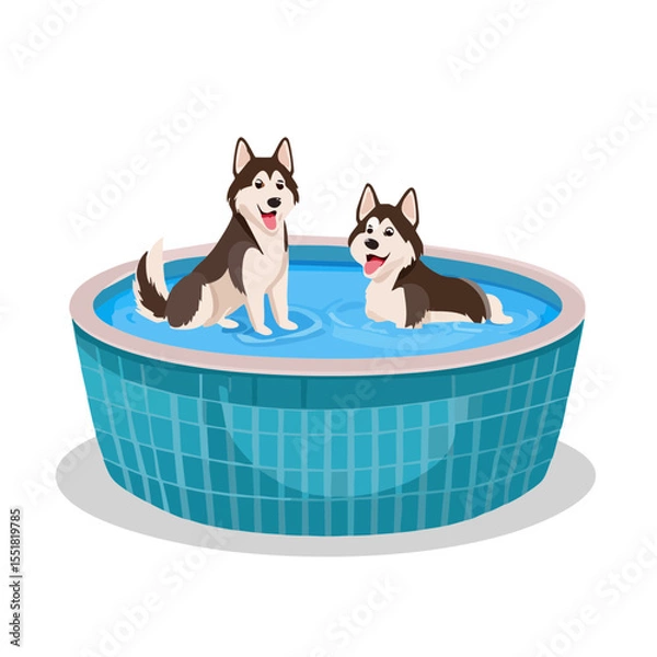 Obraz Two Happy Huskies Cooling Off in a Pool on a Summer Day